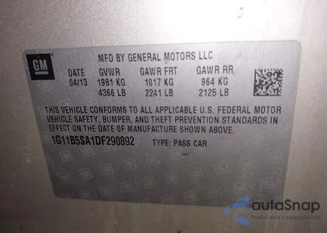 2013 Chevrolet Malibu 1Ls из США, поврежденный, VIN 1G11B5SA1DF290892